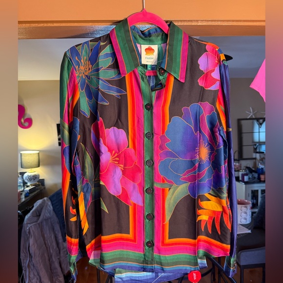 Farm Rio NWT Size Various Pretty Flower Season Colorful Long Sleeve Scarf Shirt - Picture 4 of 12